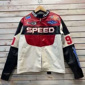 Racing Style Faux Leather Jacket Speed Freak Moto Streetwear Y2K Biker M